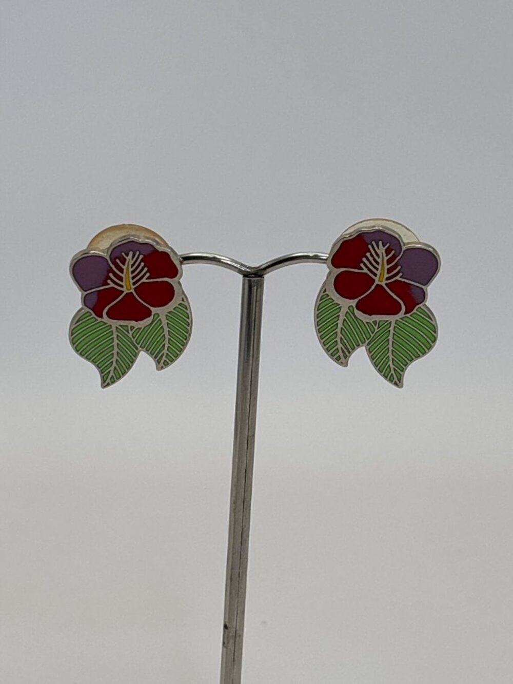 Laurel Burch Hibiscus Cloisonné Enamel Silver Tone Purple Red Green Earrings